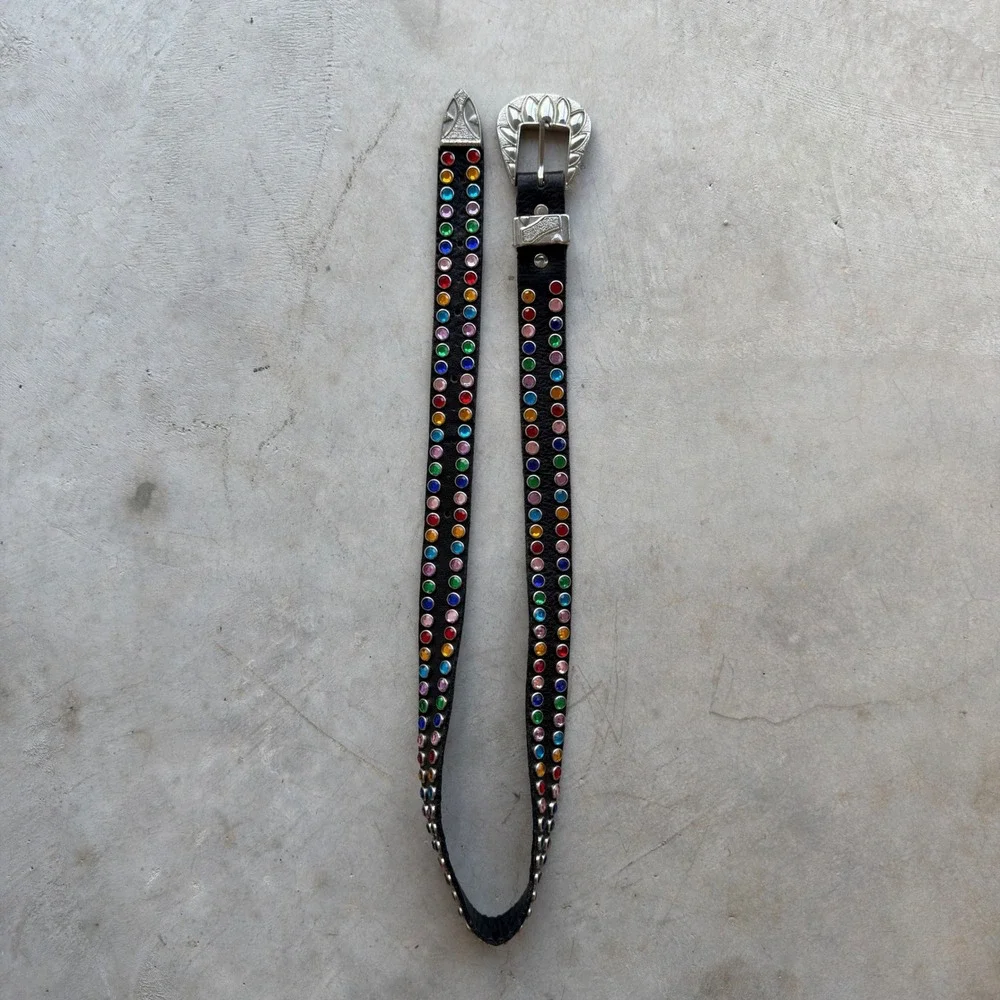Western Black Leather Belt Multi Color Rhinestone Silver Engraved Buckle 35in